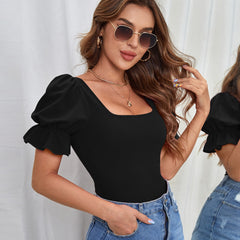 Summer Square Collar Puff Sleeve Slim Short Sleeve Bodysuit