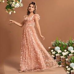 Women Flutter Sleeve Embroidery Evening Dress