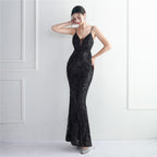 REVCHIC LUXE Elegant V-Neck 3D Floral Sequin Maxi Gown