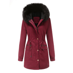 Women Fleece Lined Fur Collar Hooded Warm Jacket