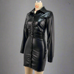 Women Single Breasted Long Sleeve Faux Leather Party Dress