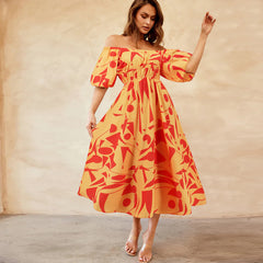 Sexy Off Shoulder Puff Sleeve Printed Casual Large Swing Dress