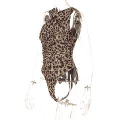 Leopard Print Asymmetric Pleated Mesh Bodysuit