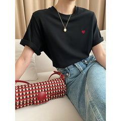 Heart Embroidered Shoulder Casual Short Sleeved T Shirt