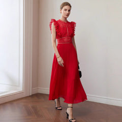 Women Pleated Flutter Sleeve Cocktail Formal Dress