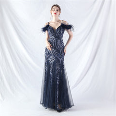 Craft Order Ostrich Hair Sequin Stitching Mesh High End Evening Dress