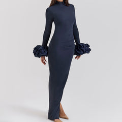 Long Sleeve Mock Neck Sheath Split Formal Dress