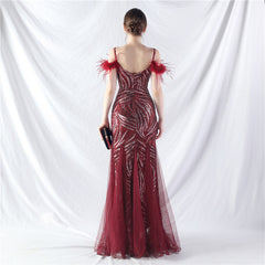 Craft Order Ostrich Hair Sequin Stitching Mesh High End Evening Dress