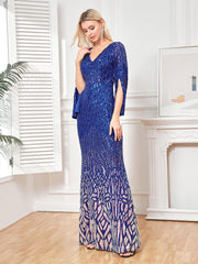 Long Sleeve Deep V Plunge Sequin Fishtail Evening Dress