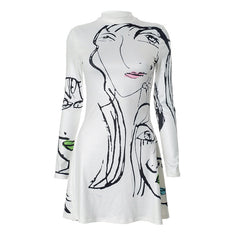 Women Portrait Line Printing Casual Long Sleeve Dress