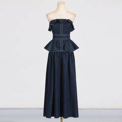 Elegant Denim Ruffled Tube Top Daily Dress