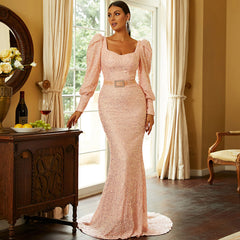 Long Sleeves Sequined Evening Dress