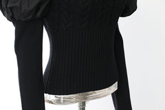 Black Short Turtleneck Puff Sleeve Sweater Top