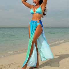 Gradient Mesh Maxi Drawstring Three Piece Swimsuit