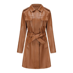 Long Sleeve Mid Length Leather British Coat with Belt