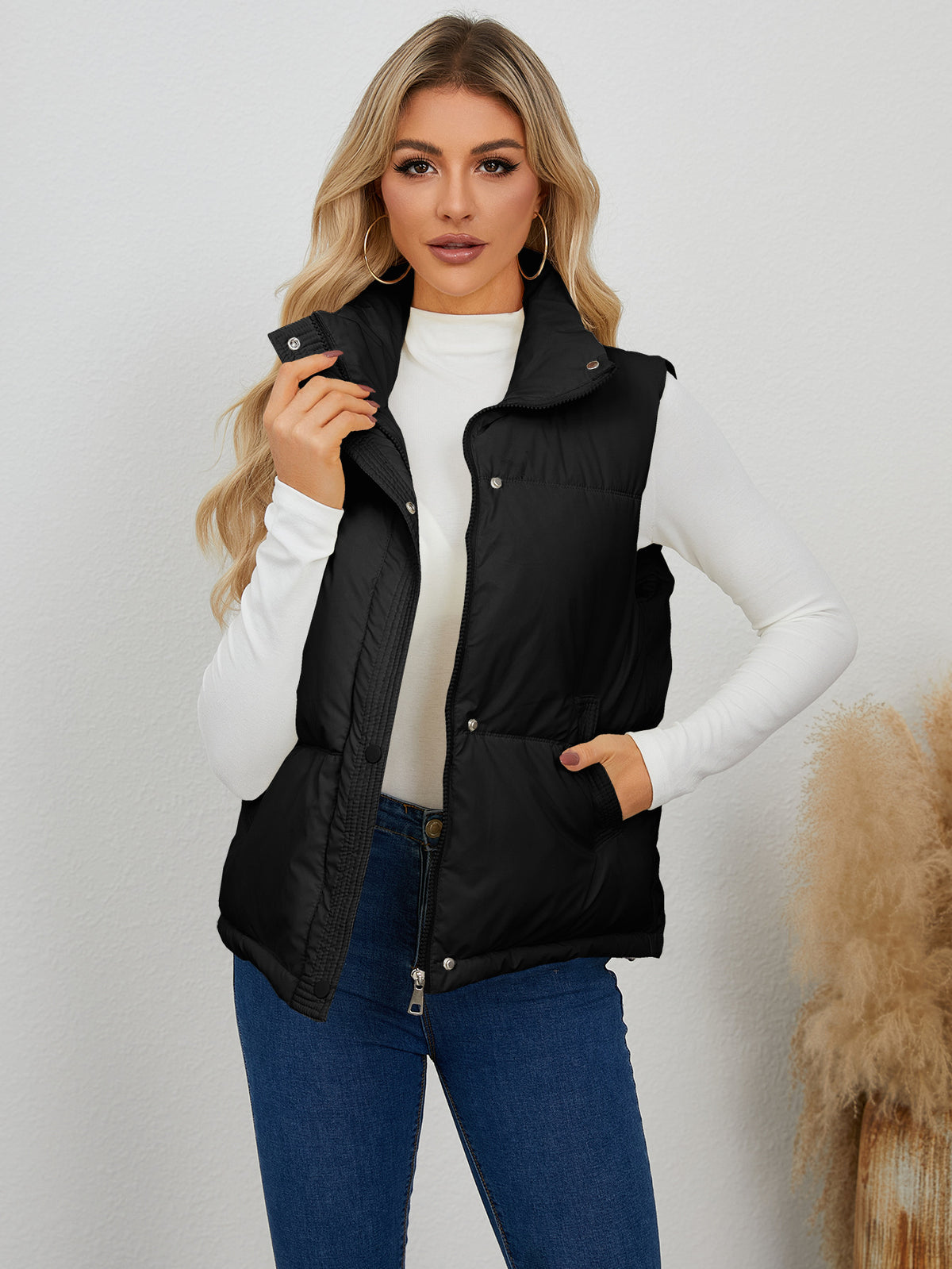 Women Autumn Winter Short Quilted Stand Collar Vest