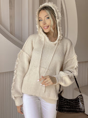 Women Frayed Patchwork Pocket Hooded Knitted Pullover