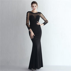 Elegant Satin Rhinestone Lace Long Sleeve Evening Dress