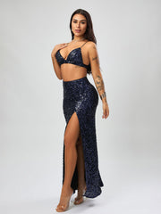 Sexy Sequined High Slit Skirt Set