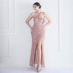 Elegant Velvet Bottom Sequin One Shoulder Evening Dress