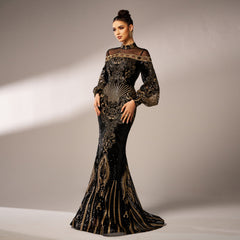 Long Sleeve Sequined Lace Mesh Printed Evening Dress