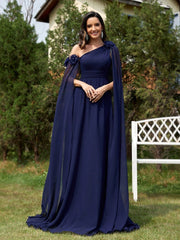 One Shoulder Blue Chiffon Ribbon Fishtail Cocktail Evening Dress