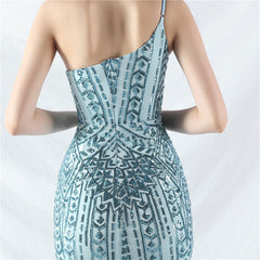 Elegant One Shoulder Beaded Floral Sequin Mesh Evening Dress