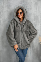 Solid Color Loose Hooded Short Fur Collar Coat