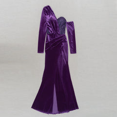 One Shoulder Long Sleeve Purple Sequined Slit Evening Dress