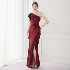 Elegant One Shoulder Sequin Evening Dress