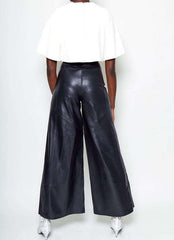 Women High Waist Loose Faux Leather Casual Trousers