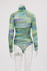 Long Sleeve Turtleneck See Through Printed Bodysuit