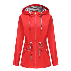 Women Hooded Striped Raincoat Mid Length Trench Coat