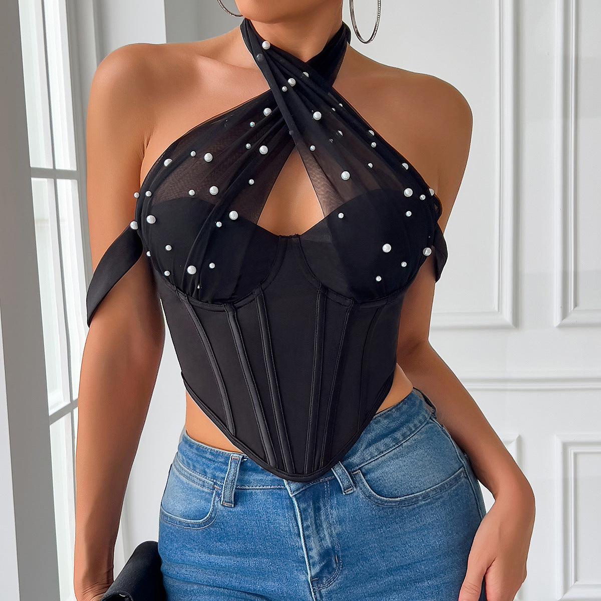 Sexy Pearl Mesh Chest Boning Corset Halter Crop Top