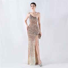 Elegant Velvet Bottom Gradient Sequin One Shoulder Evening Dress