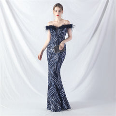 Elegant Boning Corset Ostrich Feather Sequined Evening Dress