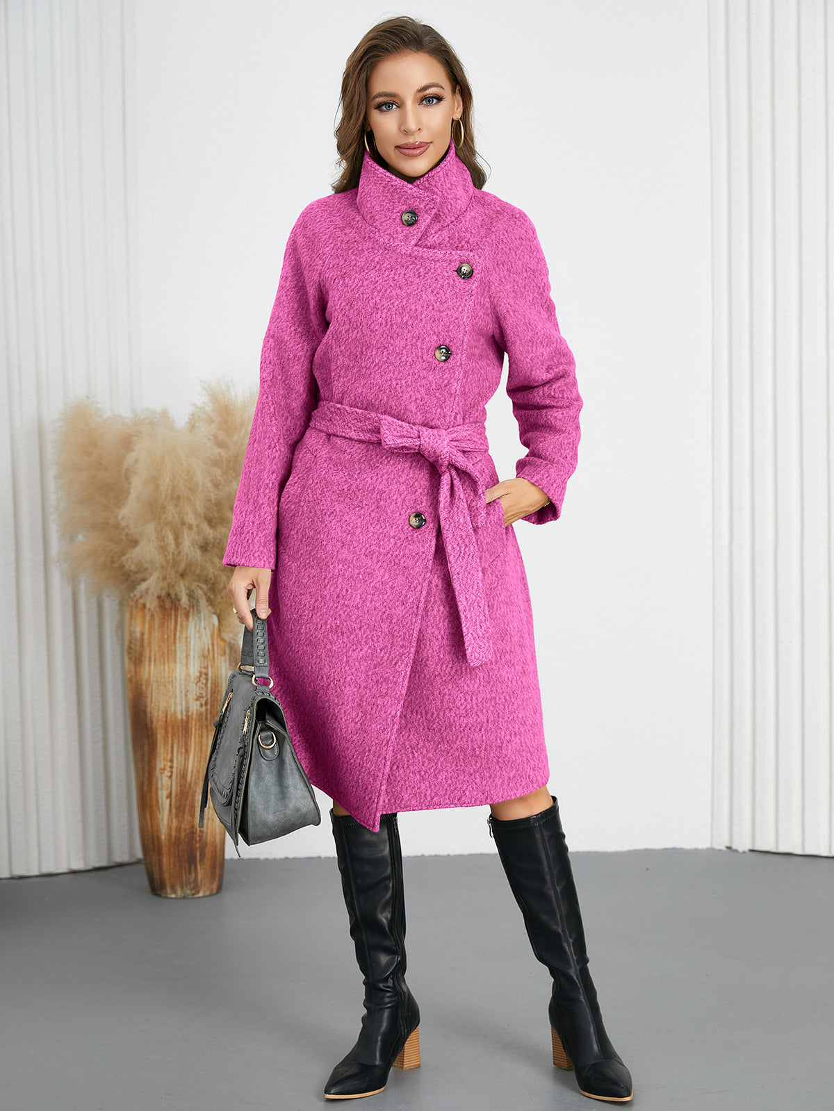 Women Woolen Loose Belt Overcoat