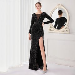 Elegant Long Sleeve Sequined Fishtail Evening Dress