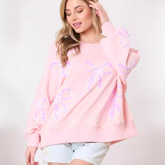 Loose Pullover Bow Ribbon Sequined Sweater