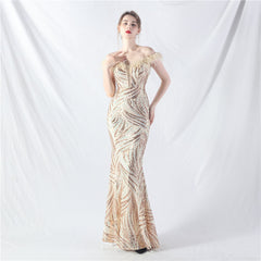 Elegant Boning Corset Ostrich Feather Sequined Evening Dress