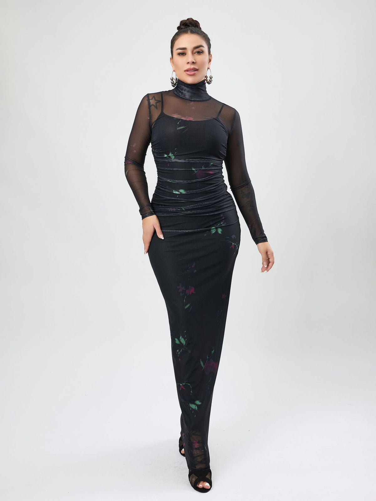 Long Sleeve Printed Mesh See Through Two Piece Formal Dress