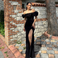 Sexy Off the Shoulder Black Pleated Slit Formal Dress