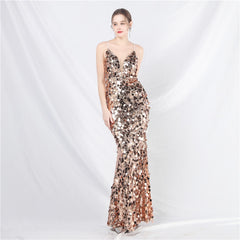 Elegant Sequin Strap Long Evening Dress