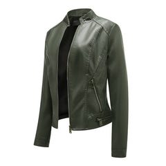 Women Stand Collar Casual Leather Motorcycle Jacket