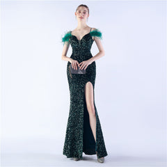 Elegant  Ostrich Feather Sequined Long Evening Dress