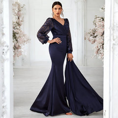 Women Sequined Satin V neck Long Sleeve Evening Gown