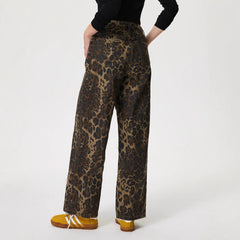 Women Vintage Leopard Print Straight Leg Denim Jeans