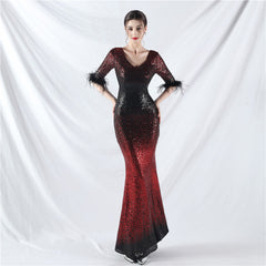 Elegant Feather Gradient Sequin Long Sleeve Evening Dress