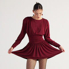 Women Solid Color Retro Long Sleeve Pleated Short Dress