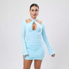 Sexy Long Sleeve Halter Short Party Dress